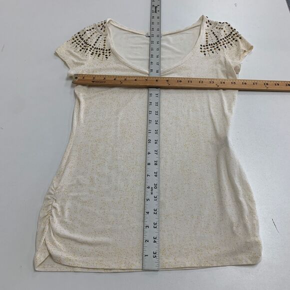 Cache Blouse Women S Small Ivory Gold Studded Embellished Scoop Neck Ruched Side - Picture 8 of 11